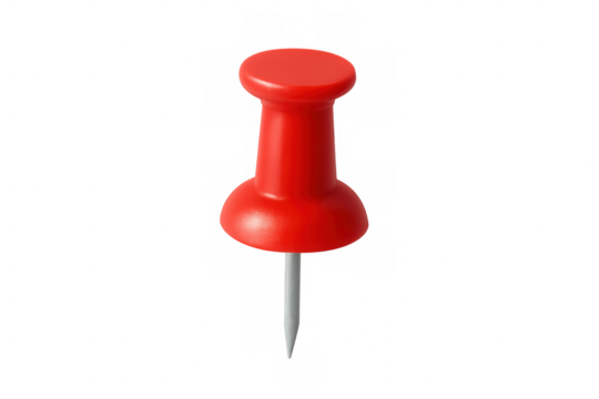 Red pushpin creating a focus point, tacking important notes, office supply isolated on transparent background