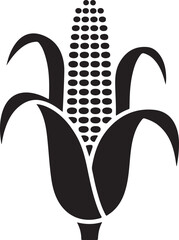 Stylized black and white illustration of a corn cob with leaves