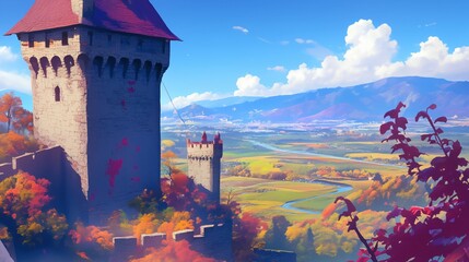Medieval castle tower surrounded with autumn landscape illustration