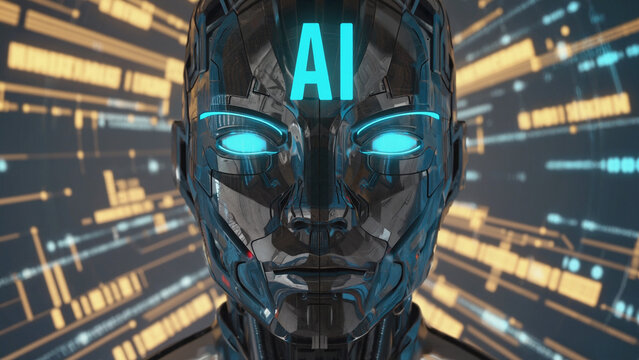 AI Futuristic Portrait: An imposing robotic head, emblazoned with AI and glowing eyes, emerges from a mesmerizing digital vortex, hinting at the boundless potential of artificial intelligence.