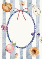 Watercolor Template Frame with stripes background, pumpkin, flowers and pear. Cozy autumn design. Whimsical vintage element in cottagecore style for invitation, social media and posters.