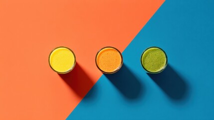 Yellow juice glass, orange juice glass, green juice glass on split orange and blue background, overhead minimalist smoothie arrangement with long shadow