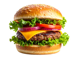 Floating Burger with Layers of Ingredients in Mid-Air, Realistic Food PNG on Transparent Background 