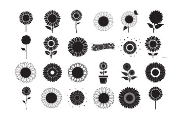 24 Sunflower Silhouette Vector Bundle. Black Floral Clipart