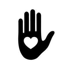 Black and White Silhouette of Hand with Heart, Symbolizing Love and Help