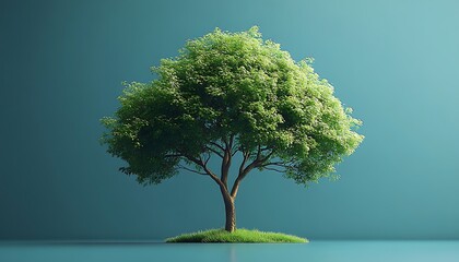 Lush green tree on small island of grass against teal background nature plant