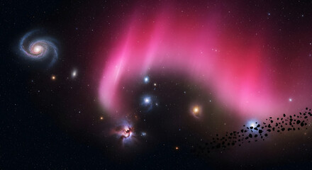 Cosmic scene with a spiral galaxy, bright nebula, scattered stars, and an asteroid belt against a dark backdrop.