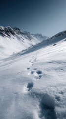Snowshoe footprint trail mountain valley winter landscape serene mood