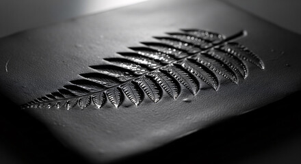Elegant macro of a silver fern emblem embossed on premium black leather. Moody black and white image with dramatic lighting, symbolizing luxury, quality, craftsmanship