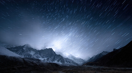 Star trail night sky long exposure mountain snow Himalaya landscape nature