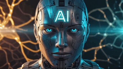 Enigmatic AI Portrait: A mesmerizing close-up of an AI entity, the radiant AI inscription glowing above its eyes, set against an abstract network background.