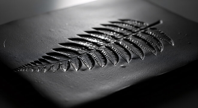 Elegant macro of a silver fern emblem embossed on premium black leather. Moody black and white image with dramatic lighting, symbolizing luxury, quality, craftsmanship