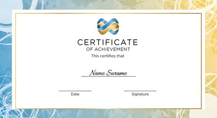 Certificate of Achievement template with a blue and gold infinity logo and watercolor background.