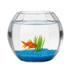 Goldfish swimming in a glass bowl filled with blue pebbles and artificial plants a peaceful scene