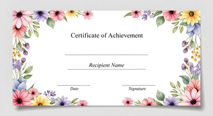 Certificate of Achievement template with floral decorations around the border, space for name, date and signature.