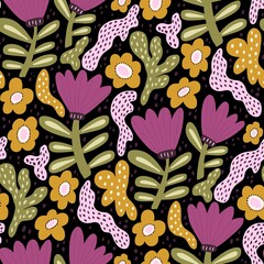 Abstract Retro Meadow Blooms Seamless Pattern.Playful retro floral design with bold purple and mustard flowers on a light background.