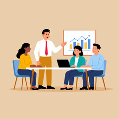 Illustration of a Business Team Meeting Discussing Financial Data and Growth Charts