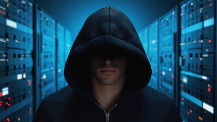 Shadowed Intruder: An enigmatic figure, shrouded in a hoodie, looms within a server room, embodying mystery and cyber security themes. 