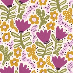 Abstract Retro Meadow Blooms Seamless Pattern.Playful retro floral design with bold purple and mustard flowers on a light background.