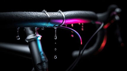 Cycling Component Elegance: Capturing the beauty of cycling components, this image highlights the sleek handlebar with water droplets against a dark background, evoking a sense of motion, dynamism.
