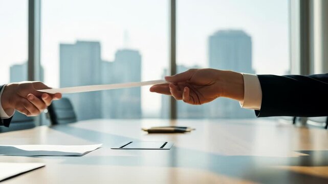Two people exchanging a document in a bright office, with city skyline visible in the background