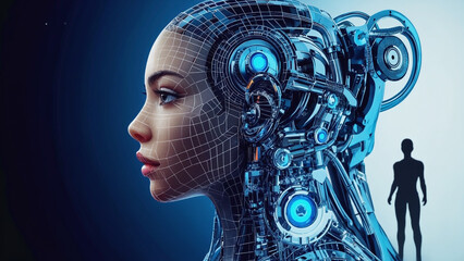 Technological Fusion: A futuristic fusion of human and machine, a cyborg woman is depicted with a detailed robotic exoskeleton and a delicate grid overlaying her skin.