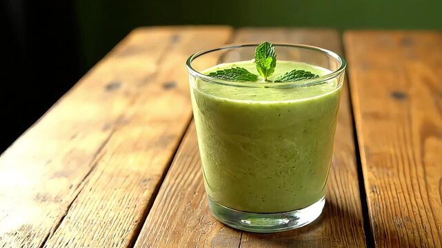 Delicious vibrant green smoothie with fresh mint leaves in a clear glass on a rustic wooden table Healthy and refreshing drink perfect for a summer detox or bre
