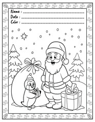 Bold and Easy Christmas Hygge Coloring Page with Cute Animals for Adults and Kid. High resolution (300 DPI), Ready to print on standard 8.5x11-(A4) inch paper With (No Bleed), Black and White. Vector 