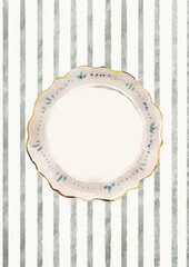 Watercolor Template Frame with stripes background and porcelain plate. Cozy autumn design. Whimsical vintage element in cottagecore style for invitation, social media and posters.