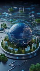 Glowing earth surrounded by renewable energy structures