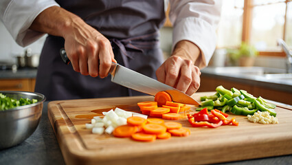 Chef slicing vegetables on wooden board for healthy cooking in a kitchen setting