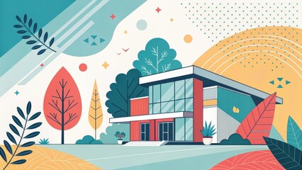 Fototapeta premium Modern Digital Background with Stylized House and Nature