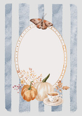 Watercolor Template Frame with stripes background, pumpkins, flowers and butterfly. Cozy autumn design. Whimsical vintage element in cottagecore style for invitation, social media and posters.