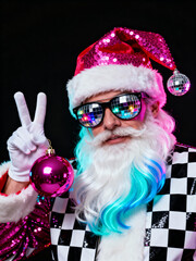 Trendy Santa Claus in sequin hat and disco sunglasses holding pink ornament with peace sign on black background