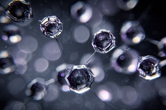 Macro shot of glistening hexagonal water droplets on fine threads against bokeh background