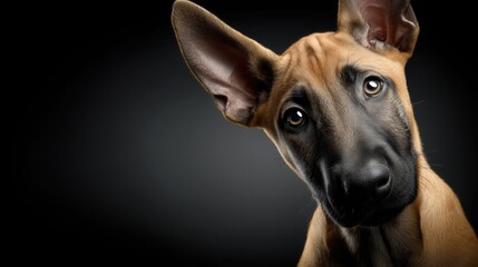 Obraz premium Adorable Belgian Malinois Puppy with Curious Expression in Closeup Portrait on Dark Background, Ideal for Wallpaper, Poster, and Pet Enthusiast Content