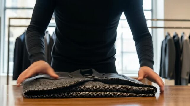 A person in a black sweater folds a textured jacket on a wooden surface, with clothing racks in the background
