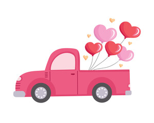 Pickup truck with bunch balloons of heart shape. Vector Illustration for backgrounds and packaging. Image can be used for greeting cards, posters, stickers and textile. Isolated on white background.