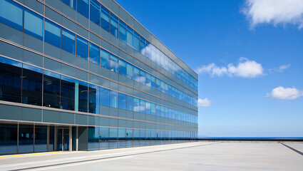 Obraz premium Contemporary office building with a sleek glass facade under a bright blue sky, highlighting modern corporate architecture, urban business development, and an optimistic future environment