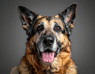 Close-up portrait of a happy, senior dog with brown and black fur