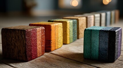 Straight line of colorful vintage wooden toy blocks in rainbow order on a light wood floor. Soft natural light gives a playful and nostalgic feeling.