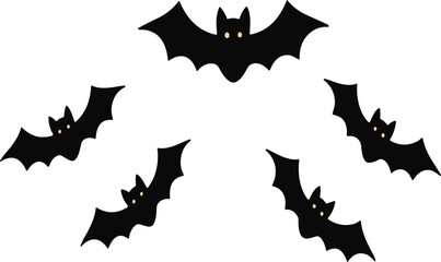 Cartoon halloween bats, spooky flying creatures, black wings, yellow eyes, nocturnal animals, festive decoration, scary silhouette, cad drawing flat vector illustration