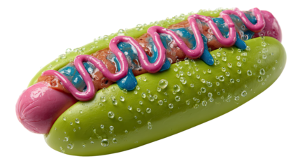 Unusual green hotdog with pink sausage topped with red sauce and blue relish showing creative colorful fast food style isolated on white background
