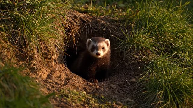 A curious ferret peeking out from its burrow in a grassy field during golden hour.