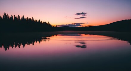 Obraz premium Serene Twilight Over a Calm Lake with Forest Reflection.