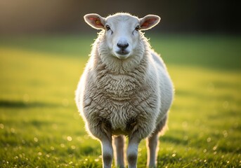Fototapeta premium A fluffy white sheep stands in a sunlit green meadow looking directly at the camera.