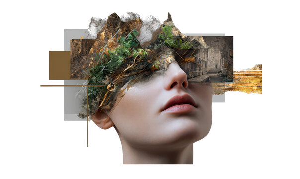 Modern Art Collage Mixing Vintage Photograph with Contemporary Style Isolate on Transparent Background, png