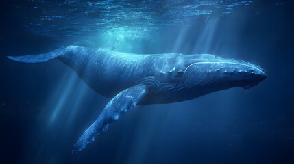 Naklejka premium A majestic whale swims in deep blue ocean waters with sun rays.