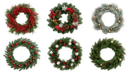 Festive holiday wreaths displayed in a cheerful arrangement, celebrating the spirit of the season.