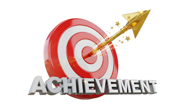 3d icon of target with golden arrow and achievement text isolated on transparent background, a symbol of success and goal achievement